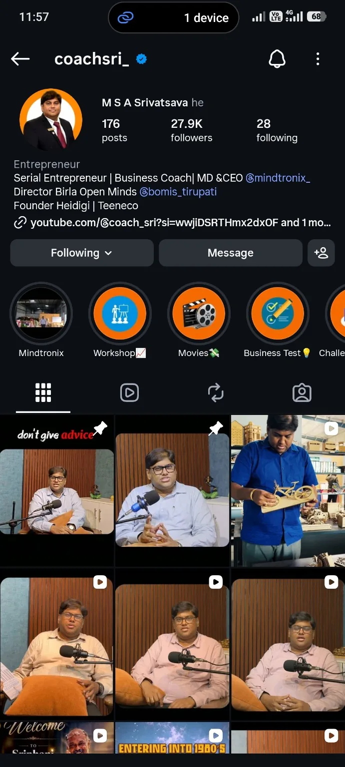Coach Sri's Instagram profile displaying 27.9K followers and recent Reels