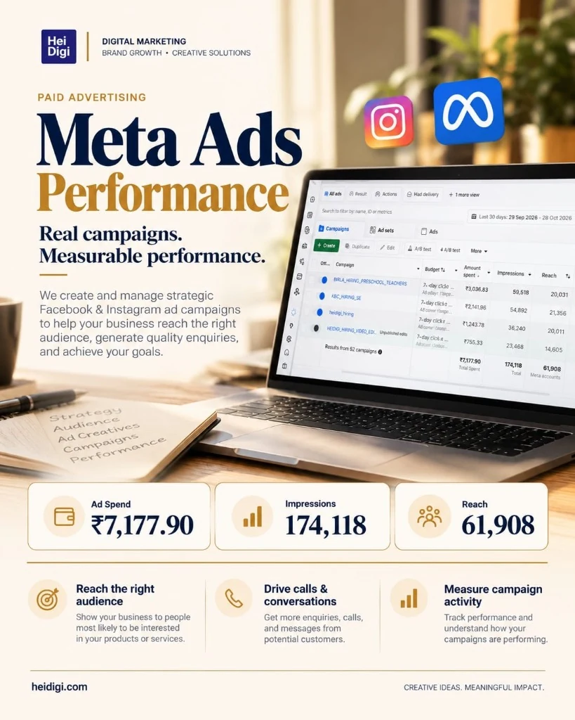 Meta Ads Performance campaign creative featuring strategy, audience targeting, and advertising metrics